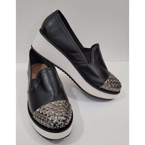 Schutz Platform Black Leather Slip On Studded Women Shoes EU-39 US-8.5